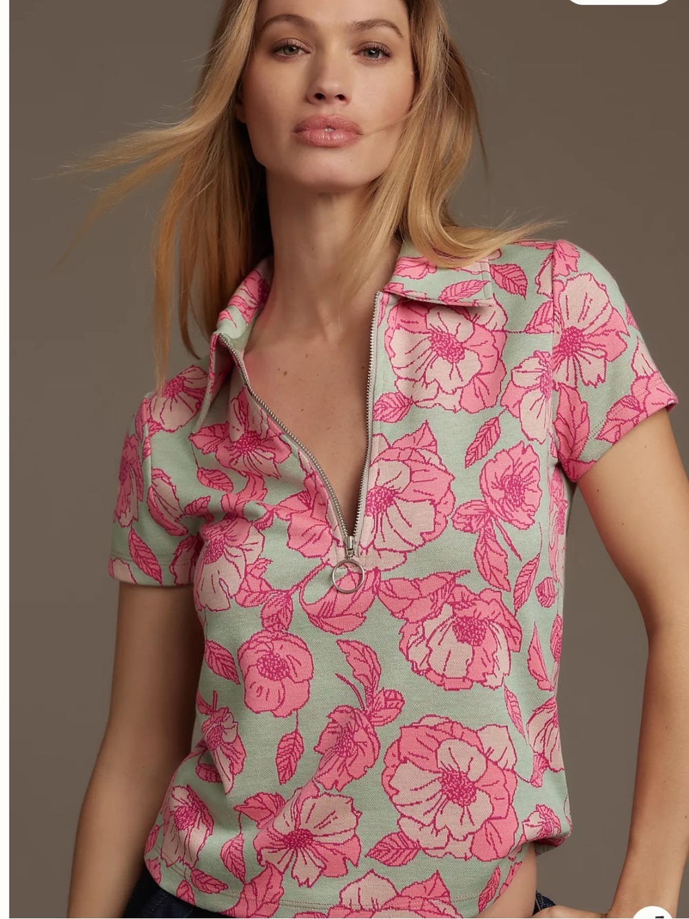 Maeve by Anthropologie Floral Jacquard Zip-Up Polo Top | Pink & Mint | Size S - Picture 1 of 9
